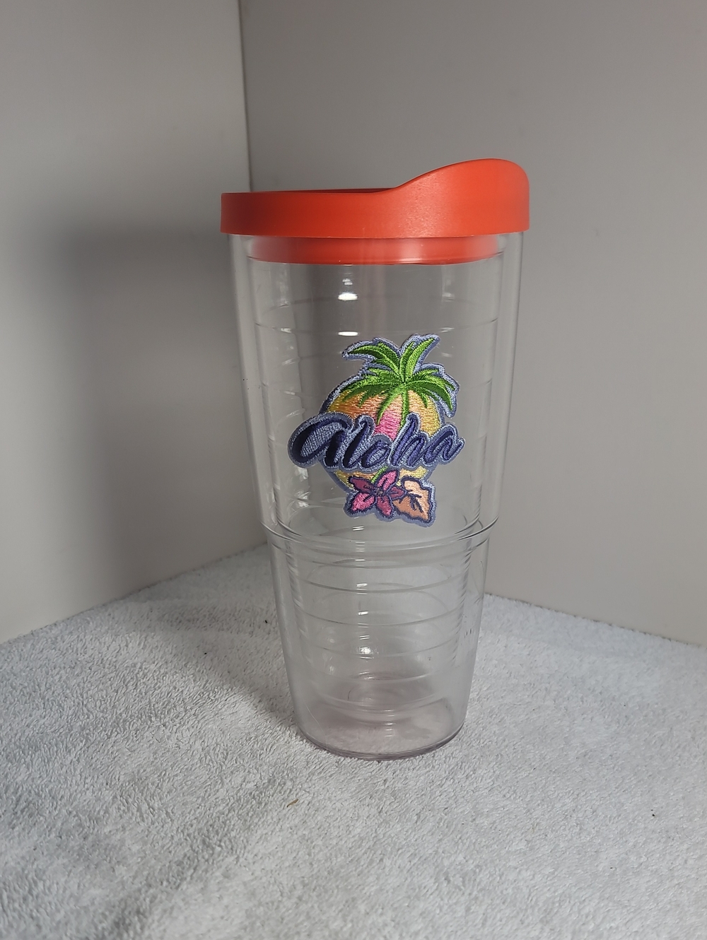 Tervia Aloha Tropical Clear Travel Tumbler with Orange Lid 24oz EUC
